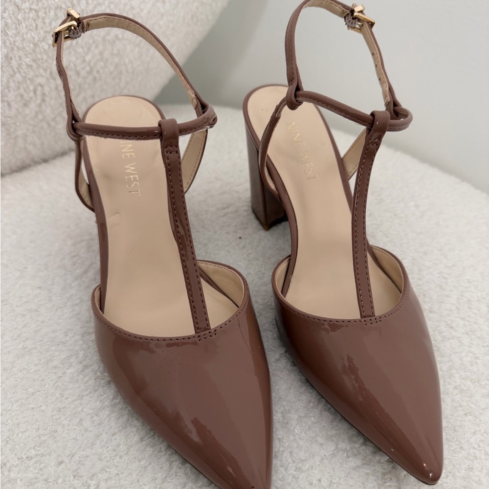 Nine West Taupe Patent T-Strap Pointed Block Heel Pumps
